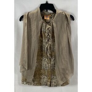 Tory Burch Women's Brown Abstract Wool Silk Ruffle Blouse Top Size 4